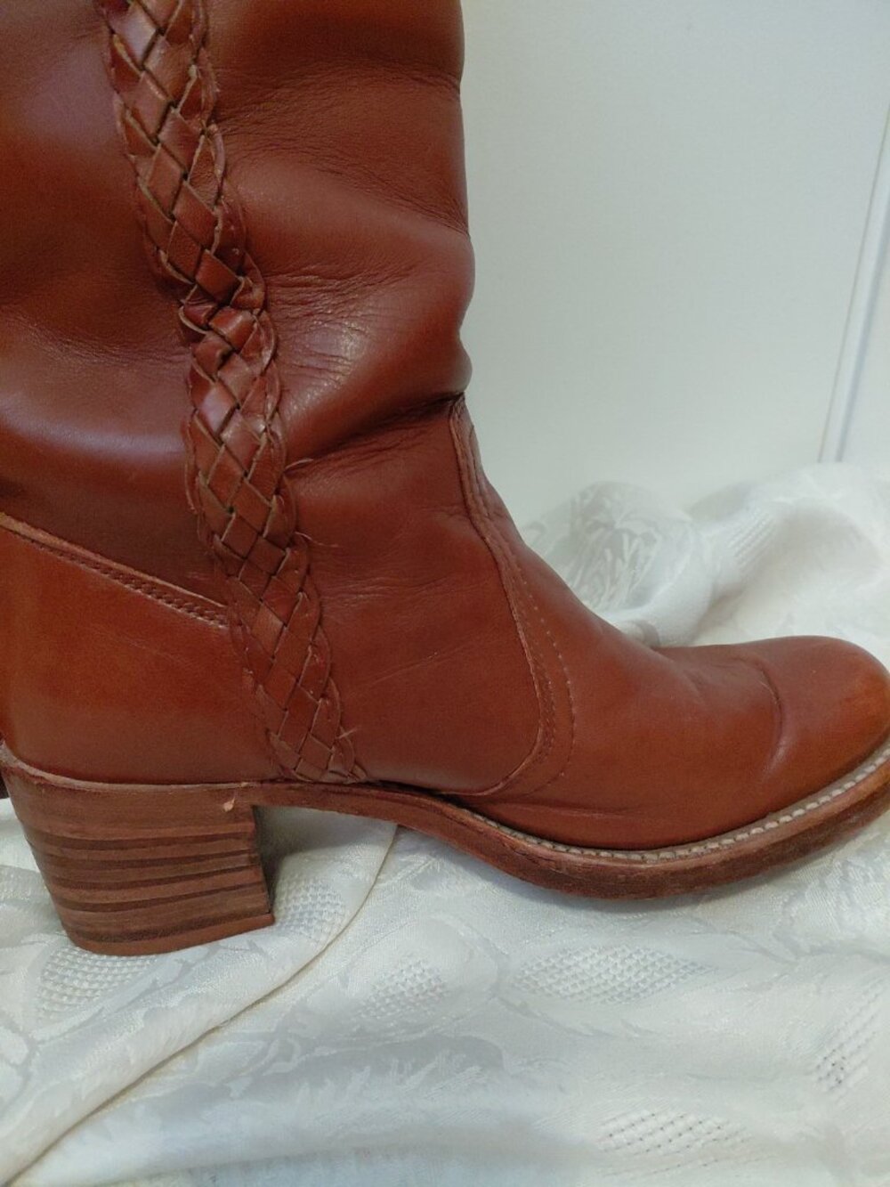 FRYE Vintage 70s Braided Sabrina Campus Boots Tall USA Made Womens 8.5 Brown - Picture 7 of 13